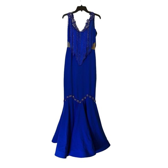 Odrella Royal Blue Event Gown Tassel  Mesh Cut out Beaded Design Size 6 - Picture 8 of 16